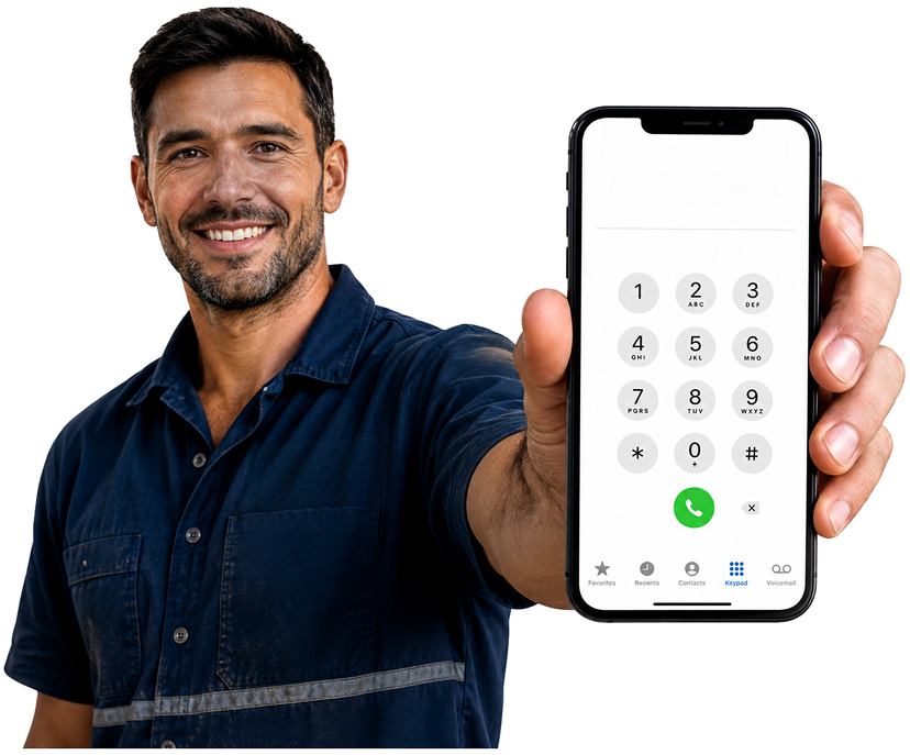 Burwood Blocked Drains plumber holding a phone — call 1300 261 965