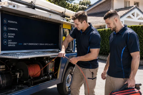 Two plumbers working on a blocked drain in Burwood