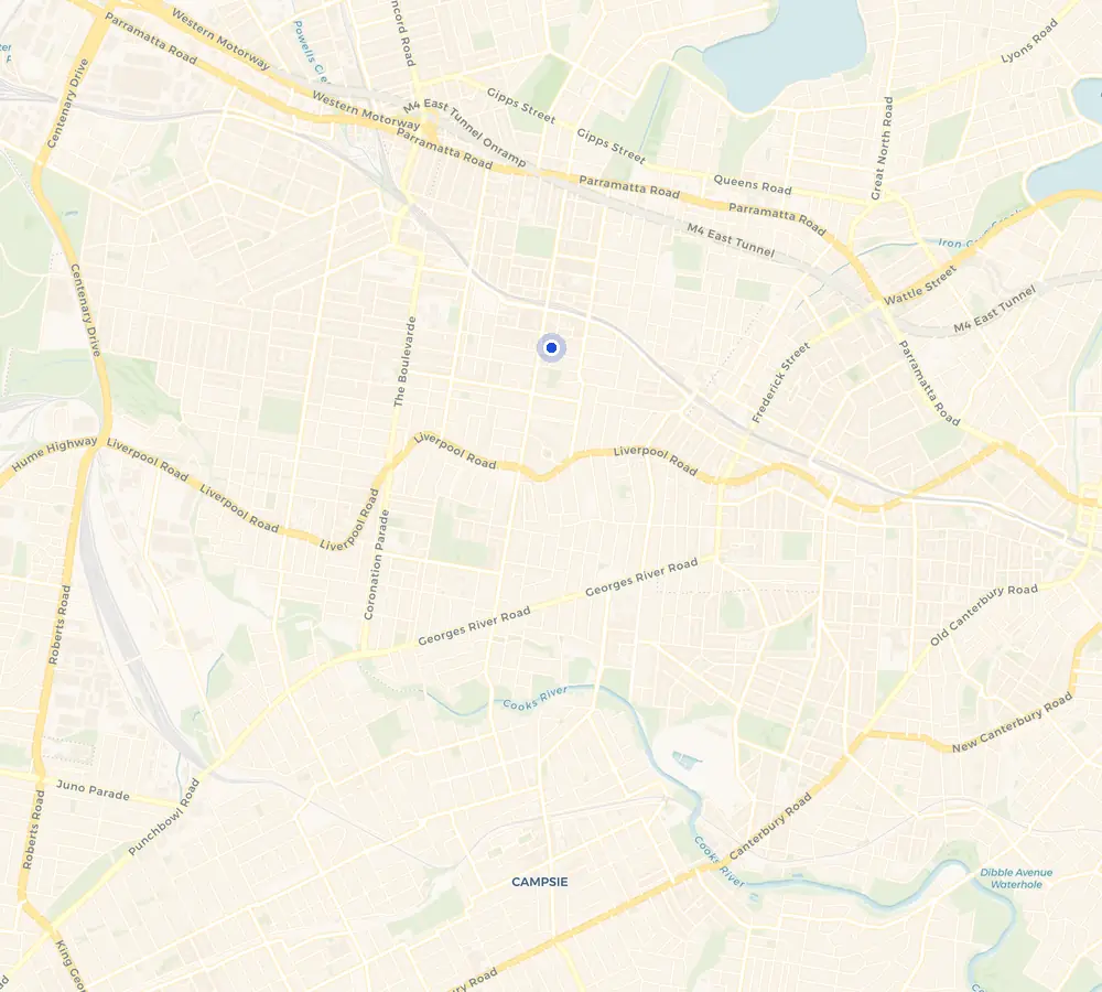 Map of the Burwood service area and the surrounding Inner West, showing Burwood and the nearby streets we cover.