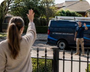 Customer waving goodbye to a Burwood Blocked Drains plumber